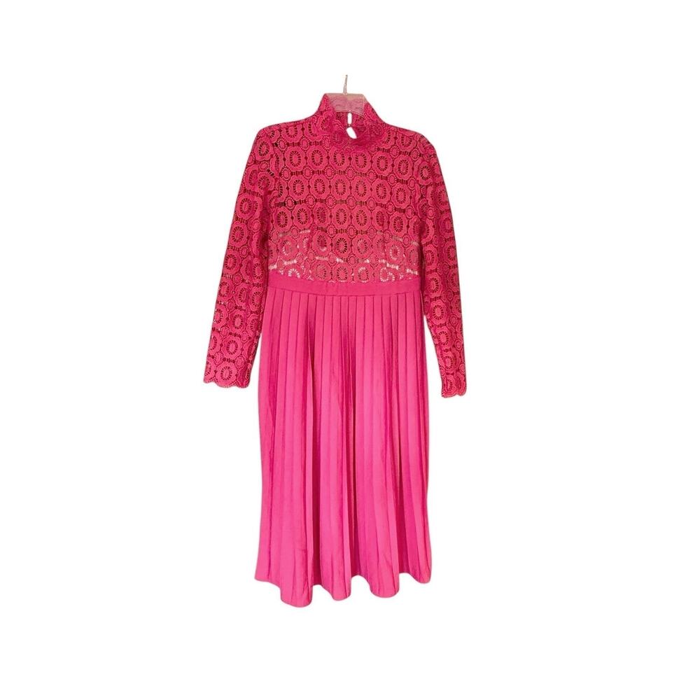 Maternity Pleated Cocktail Midi Dress Size 10 Coral Pink Guipure Lace NWT